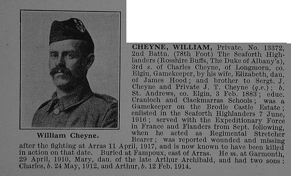 Cheyne W Pte 13372 2nd Seaforth Highlanders Obit
