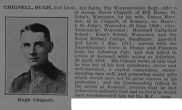 Chignell H 2nd Lt 3rd Worcestershire Regiment Obit