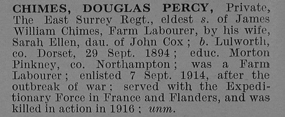 Chimes D P Pte 3137 9th East Surrey Regiment Obit