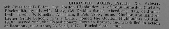 Christie J Pte 242241 5th Gordon Highlanders Obit