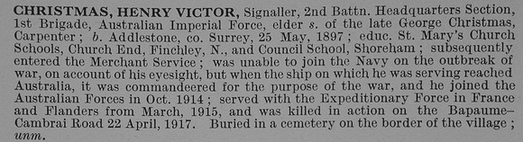 Christmas H V Sig 2nd AIF Obit