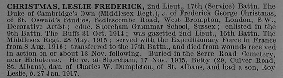 Christmas L F 2nd Lt 17th Middlesex Regiment Obit