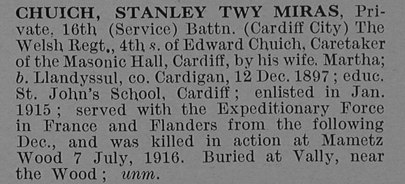 Chuich S T M Pte 16th Welsh Regiment Obit