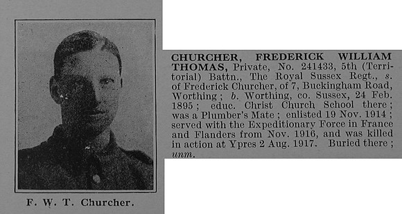 Churcher F W T Pte 241433 5th Royal Sussex Regiment Obit