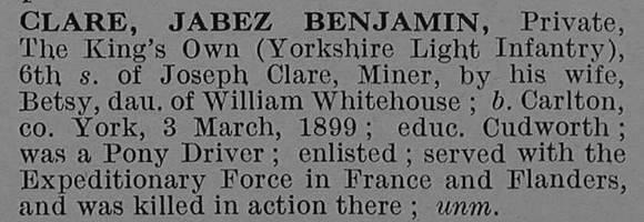 Clare J B Pte 4431 5th King's Own Yorkshire Light Infantry Short Obit