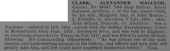 Clark A M Gnr 68947 Royal Garrison Artillery Obit