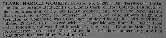 Clark H W Pte 202633 4th Gloucestershire Regiment Obit