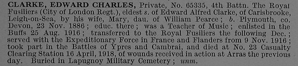 Clarke E C Pte 65335 4th London Regiment (Royal Fusiliers) Obit