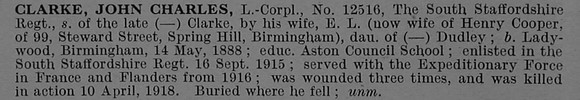 Clarke J C L/Cpl 12516 8th North Staffordshire Regiment Obit