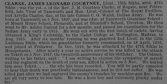 Clarke J L C Lt Indian Army Obit