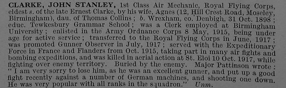 Clarke J S Air Mech 1st Class 99044 Royal Flying Corps Obit