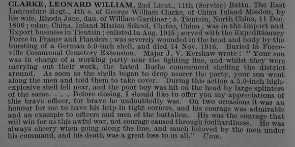 Clarke L W 2nd Lt 11th East Lancashire Regiment Obit