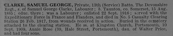 Clarke S G Pte 34387 12th Duke of Cornwall's Light Infantry Obit
