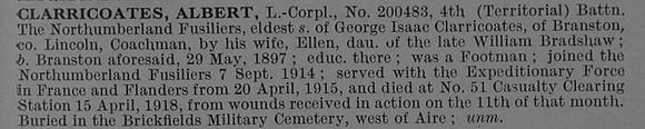 Clarricoates A LCpl 200483 4th Northumberland Fusiliers Obit