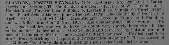 Claydon J S L/Cpl MM 326290 1st Cambridgeshire Regiment Obit