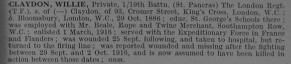Claydon W Pte 5230 19th London Regiment Obit