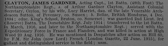 Clayton J G Acting Captain 1st Northamptonshire Regiment Obit