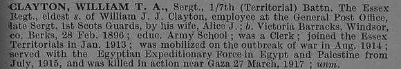 Clayton W T A Sergt 300116 7th Essex Regiment Obit