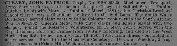 Cleary J P Cpl M2.099325 Army Service Corps Obit