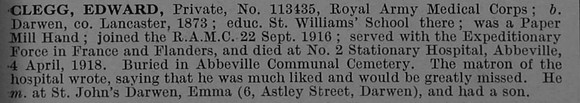 Clegg E Pte 113435 Royal Army Medical Corps Obit