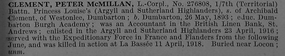 Clement P M L/Cpl 276808 7th Argyll & Sutherland Highlanders Obit
