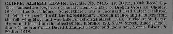Cliffe A E Pte 24435 1st East Lancashire Regiment Obit