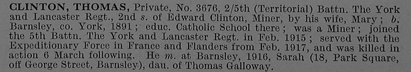 Clinton T Pte 3676 5th York & Lancaster Regiment Obit