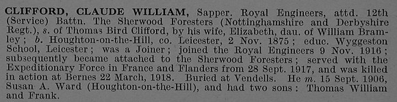 Clifford C W Pte 94126 12th Sherwood Foresters (Notts and Derby Regiment) Attd From Royal Engineers Obit