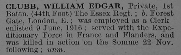 Clubb W E Pte 30341 1st Essex Regiment Short Obituary