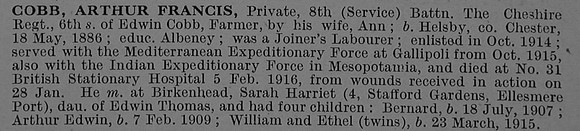 Cobb A F Pte 14/18235 8th Cheshire Regiment Obit