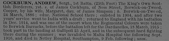 Cockburn A Sergt 8376 1st King's Own Scottish Borderers Obit