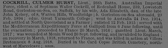 Cockrill C H Lt 26th Australian Infantry Obit