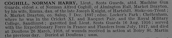 Coghill N H Lt Scots Guards Attd Gaurds Machine Gun Corps Obit