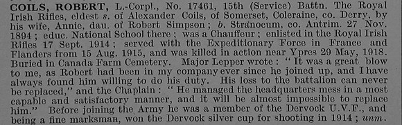 Coils R LCpl 17461 15th Royal Irish Rifles Obit