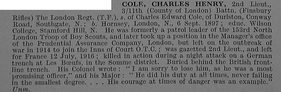 Cole C H 2nd Lt 11th London Regiment Obit