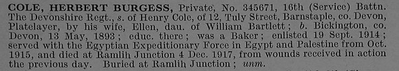 Cole H B Pte 345671 16th Devonshire Regiment Obit