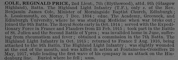 Cole R P 2nd Lt 7th Attd 9th Highland Light Infantry Obit