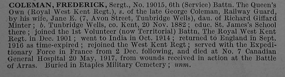 Coleman F Sergt 19015 6th Queens Own Royal West Kent Regiment Obit