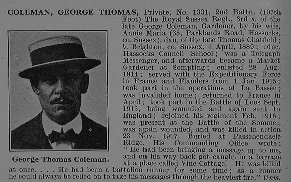 Coleman G T Pte 1331 2nd Royal Sussex Regiment Obit