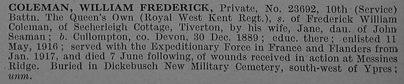 Coleman W F Pte 23692 10th Queens Own Royal West Kent Regiment