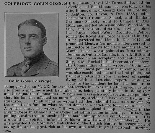 Coleridge C G Lt MBE Royal Air Force Obit
