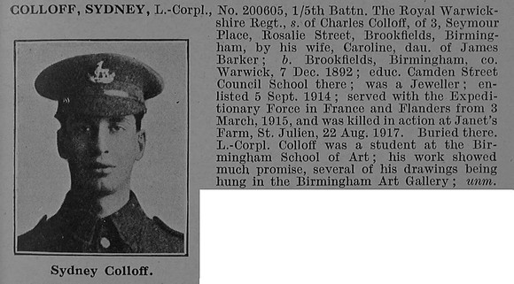 Colloff S L/Cpl 200605 5th Royal Warwickshire Regiment Obit