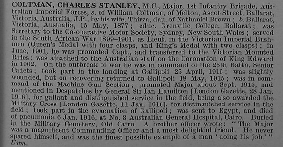 Coltman C S Major MC 1st Australian Infantry Obit