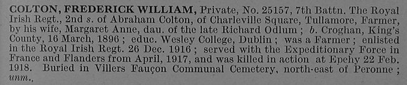 Colton F W Pte 25157 7th Royal Irish Regiment Obit