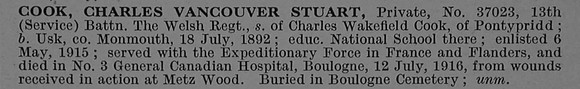 Cook C V S Pte 37023 13th Welsh Regiment Obit