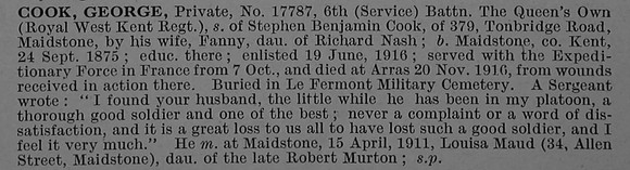 Cook G Pte 17787 6th Queen's Own Royal West Kent Regiment Obit