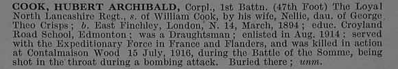 Cook H A Cpl 1st Loyal North Lancashire Regiment Obit