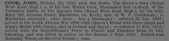 Cook J Pte 5722 8th Queens Own Royal West Kent Regiment Obit