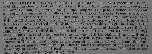 Cook R G 2nd Lt 3rd Worcestershire Regiment Obit