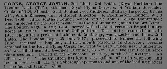 Cooke G J 2nd Lt 3rd London Regiment Attd Royal Flying Corps Obit